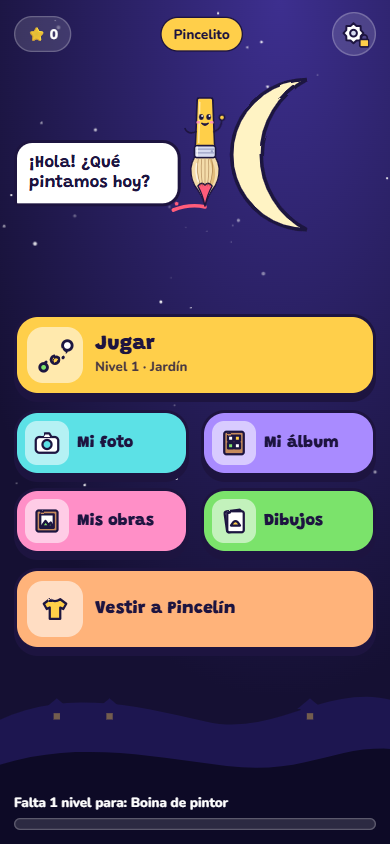 Inicio de Mil Colores con Pincelín y los botones Jugar, Mi foto, Mi álbum y Vestir a Pincelín