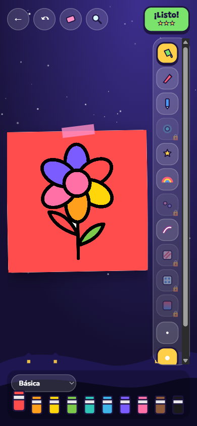 Un dibujo a medio pintar, con los pinceles a la derecha y los colores abajo